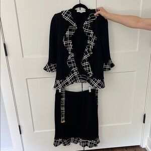 St. John Black and White Ruffled Cardigan and Skirt
